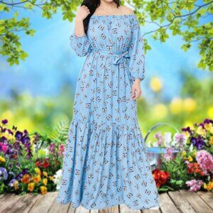Unique Vintage Sweet Butterfly Scape Maxi Dress Off Shoulder 3/4 Sleeve Summer